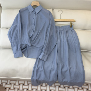 블루 린넨 셔츠 와이드팬츠 세트